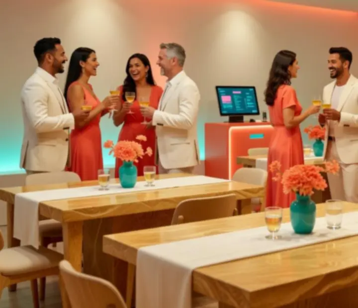 Energetyczna sala eventowa z uśmiechniętymi gośćmi przy eleganckich stołach
