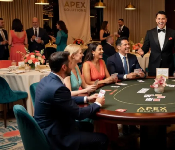 Prowadzony pokaz pokerowy podczas eleganckiego eventu z uśmiechniętymi gośćmi przy stole