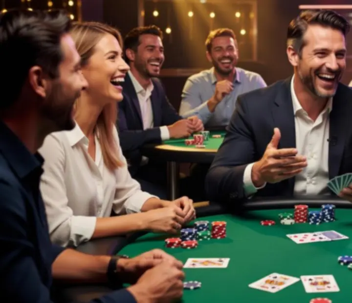 Prowadzony na żywo pokerowy show z uśmiechniętymi gośćmi przy eleganckim stole