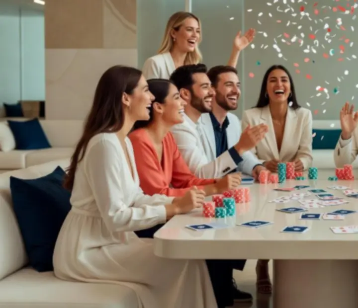 Grupa przyjaciół przy eleganckim stole eventowym podczas wieczoru rozrywkowego